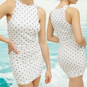Reformation Tiel Mini White Dress Ruched Bodycon Small Black Polka Dots